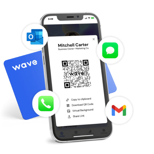 Share your wave card through a QR code, text, email, or NFC smart product.