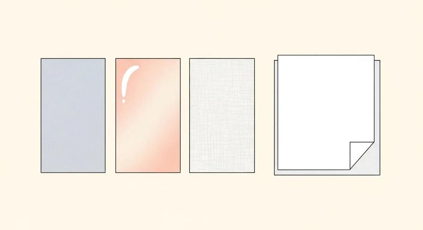 Flache SaaS-Illustration: Papiermuster (matt, glänzend, Leinenstruktur, dicke Kartonkante).