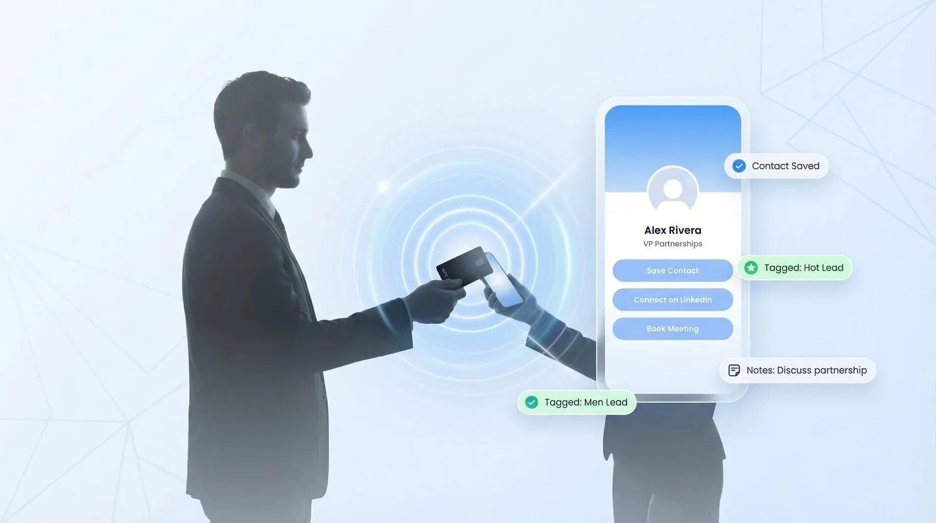 Deux professionnels échangeant leurs coordonnées grâce à une carte de visite numérique lors d'un événement de networking