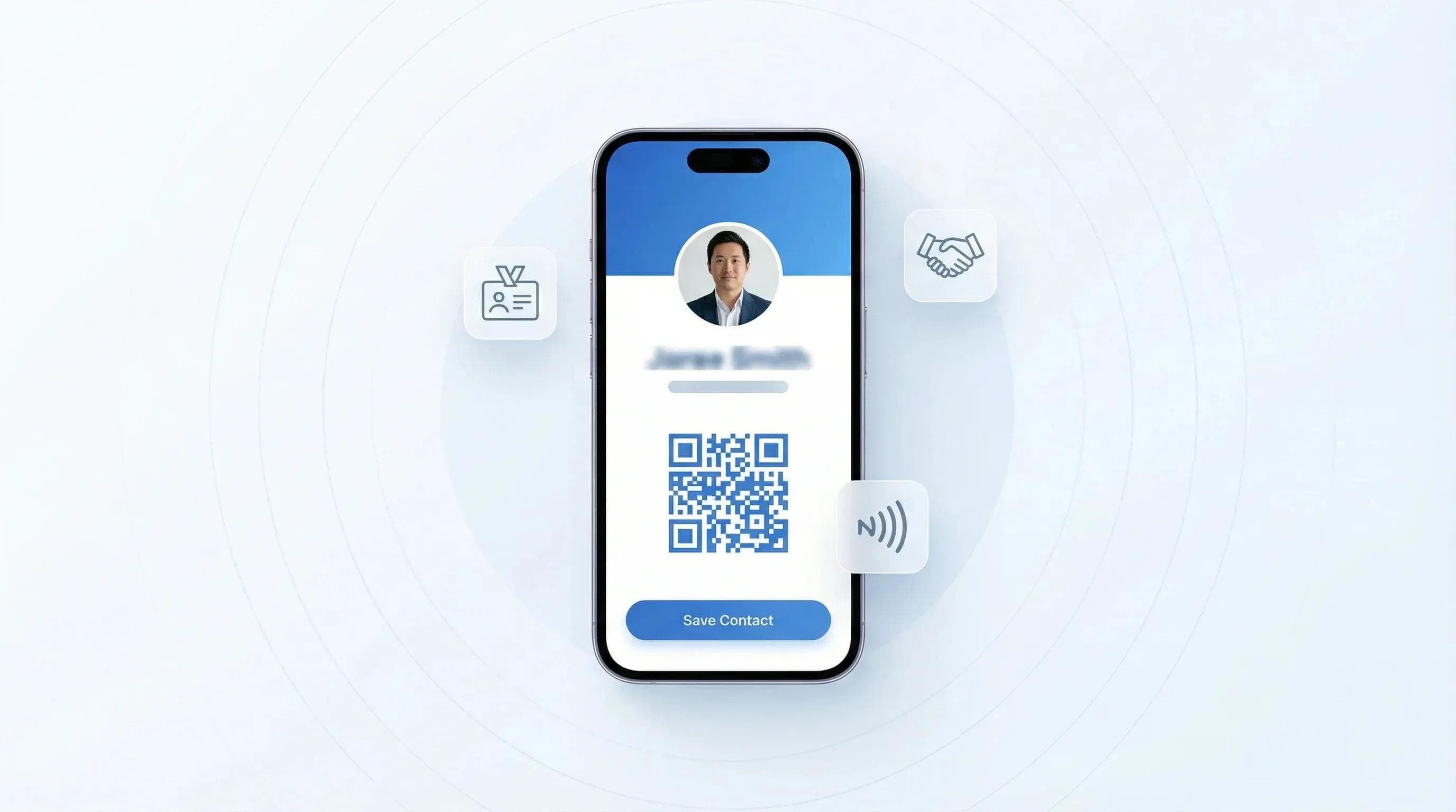 digital business card with event icons and an sharing QR code