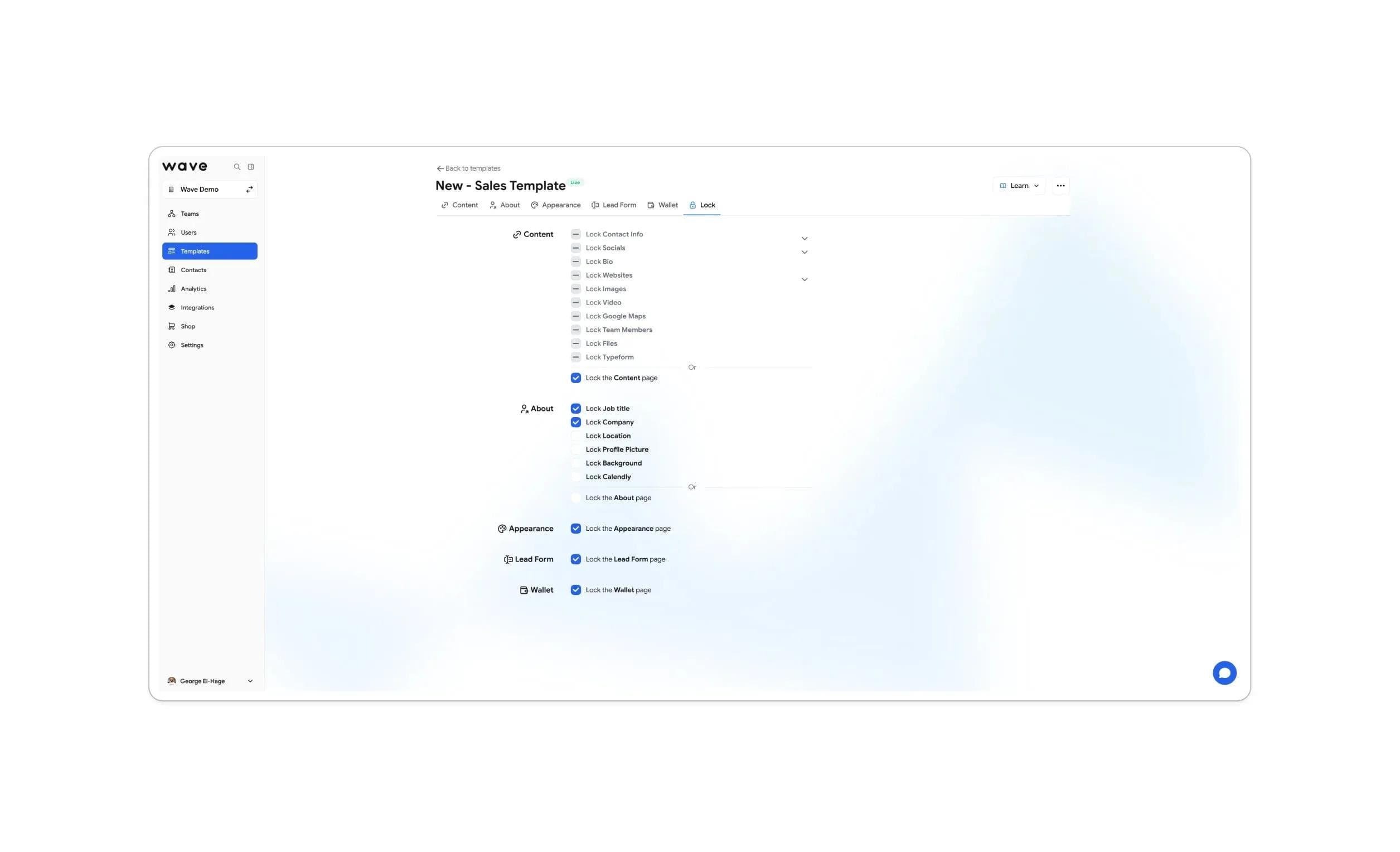 ميزة قفل أقسام القالب في Wave Connect للحفاظ على اتساق الهوية البصرية للفرق