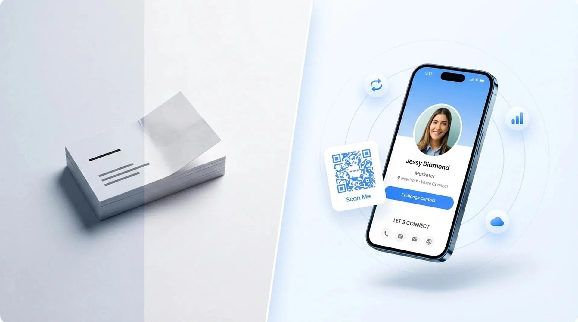 Comparaison côte à côte entre cartes de visite papier et cartes de visite numériques