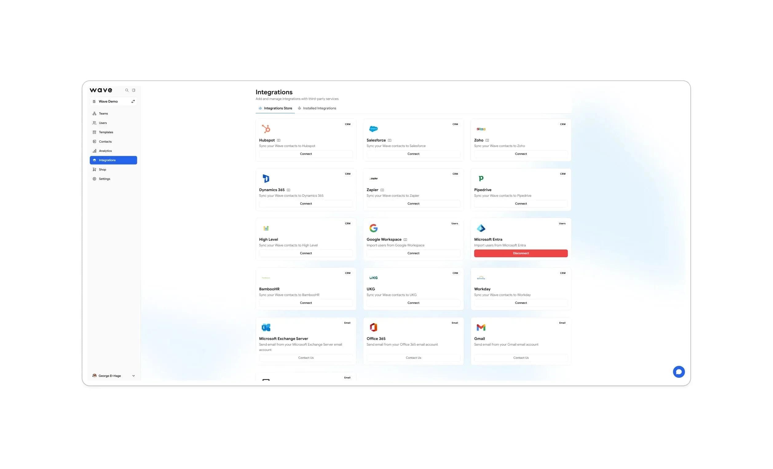 لوحة تكامل CRM في Wave Connect توضح الاتصال مع Salesforce وHubSpot وPipedrive