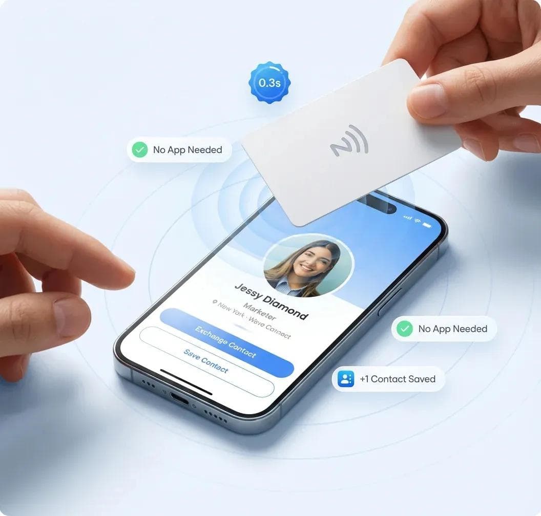 ملامسة بطاقة عمل NFC لهاتف ذكي يعرض ملف تعريف بطاقة عمل رقمية