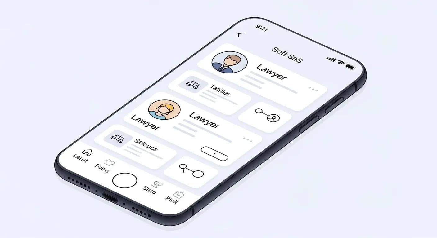Professionelle Networking-App auf dem Smartphone mit Anwaltsprofilen und Kontaktsymbolen. Klare SaaS-Illustration.