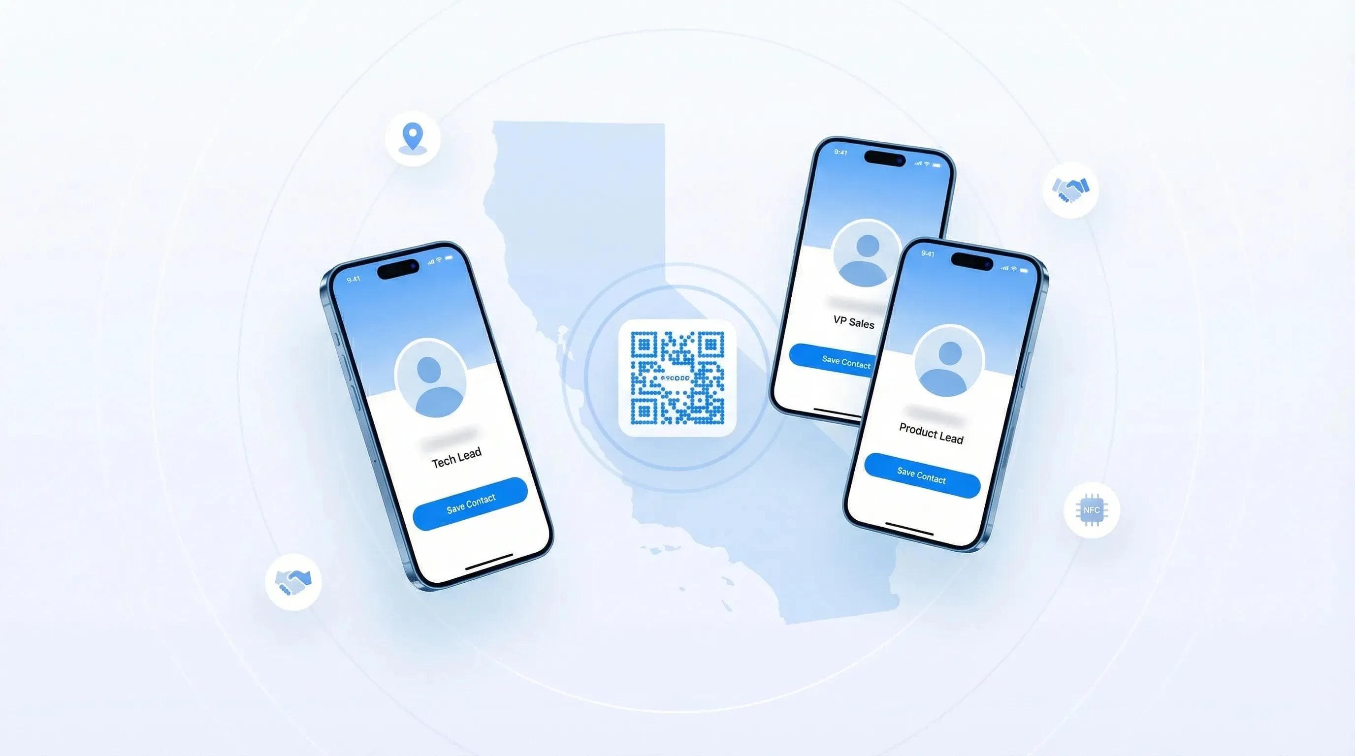 Three smartphones with digital business cards networking at California tech conferences
