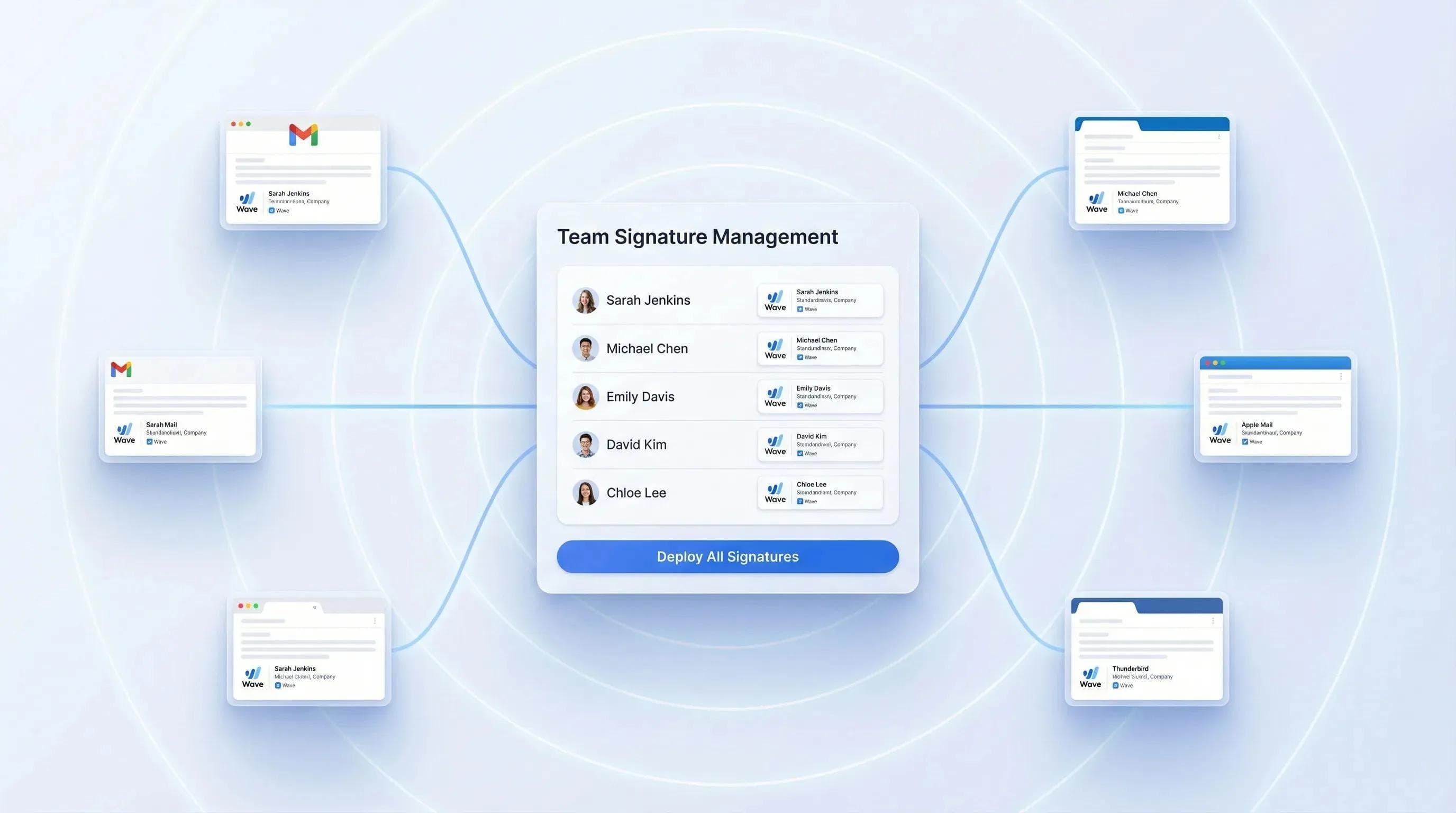 Tableau de bord administrateur montrant le déploiement de signatures de carte de visite numérique pour toute l'équipe avec une image de marque harmonisée sur tous les comptes e-mail