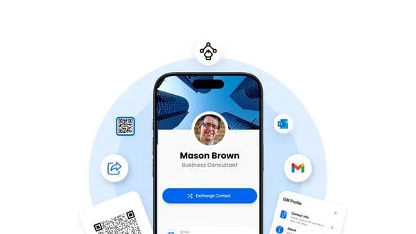 Carte de visite numérique du consultant d'affaires Mason Brown avec icônes d'intégration.