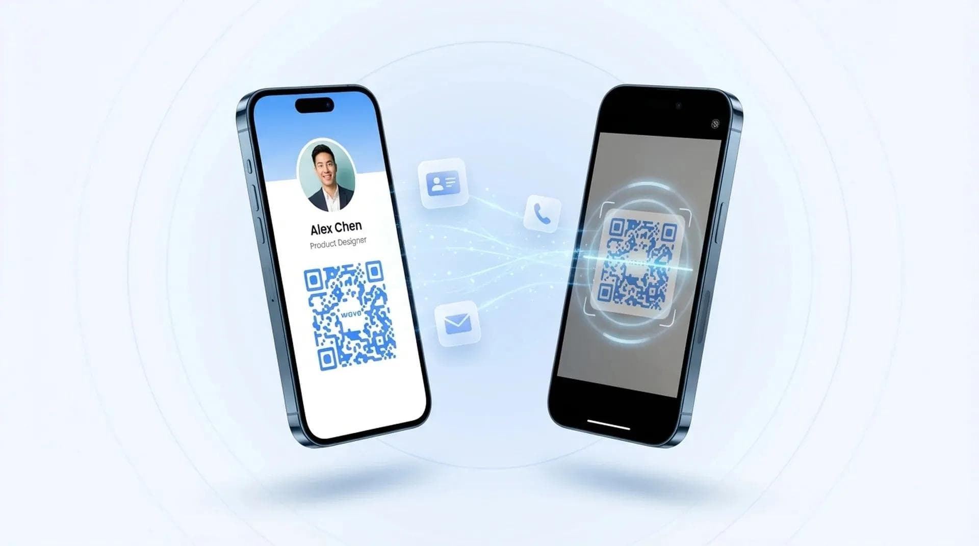 Fonctionnement d'une carte de visite numérique montrant deux smartphones échangeant des coordonnées par code QR