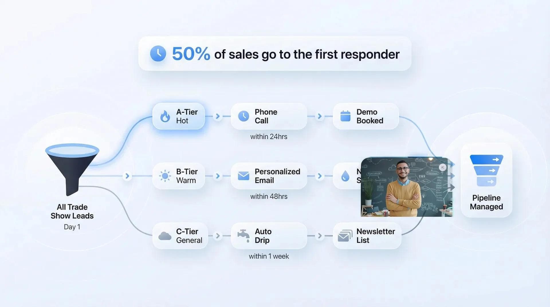 Flujo de trabajo de seguimiento de leads tras una feria comercial con puntuación por niveles y pipeline de CRM