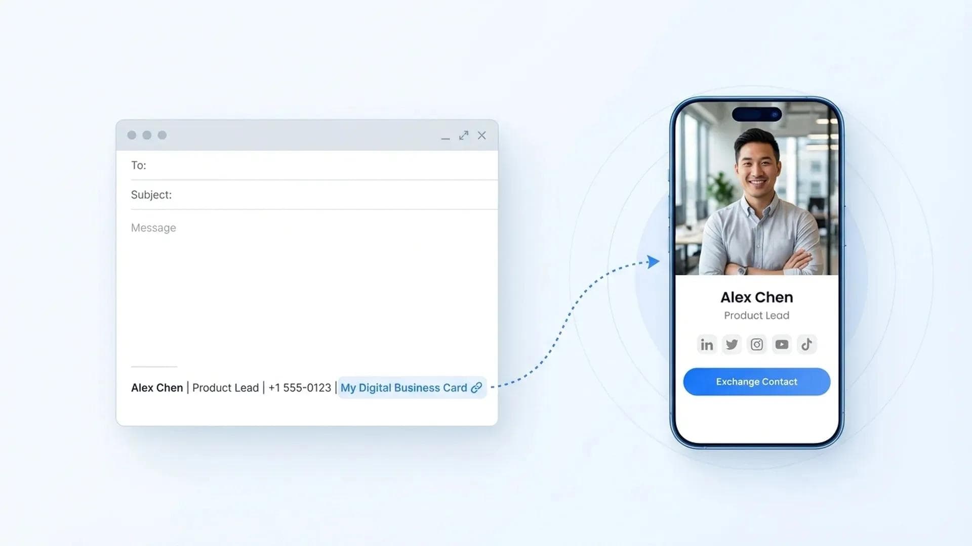 Janela de composição de e-mail com link do cartão de visita digital na assinatura direcionando para um perfil digital completo no celular