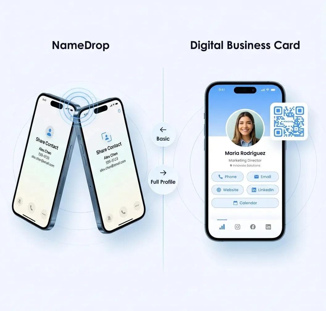 Partage de contact Apple NameDrop entre deux iPhone et carte de visite numérique sur écran de smartphone