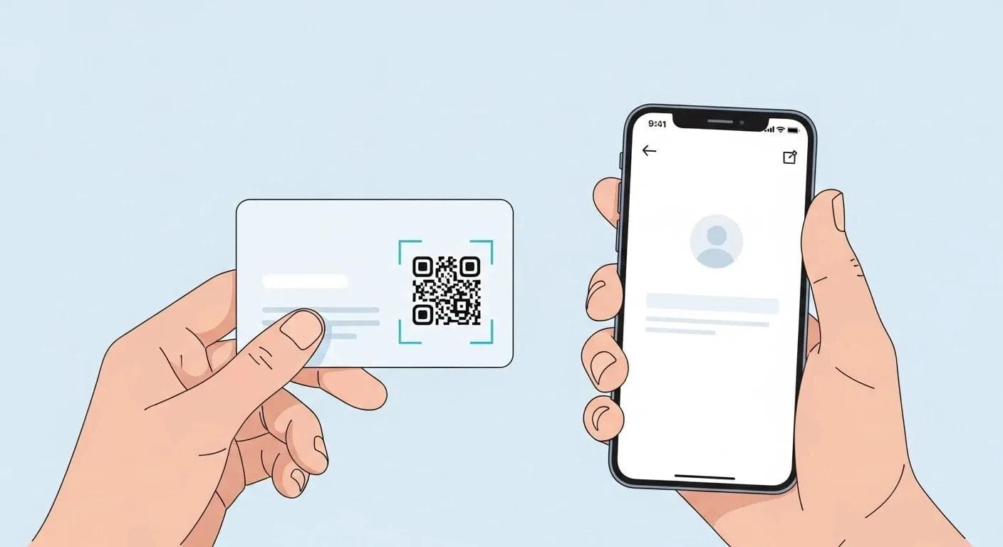 LinkedIn-QR-Code auf einer Visitenkarte wird mit dem Smartphone gescannt und öffnet das Profil. Klares SaaS-Design.