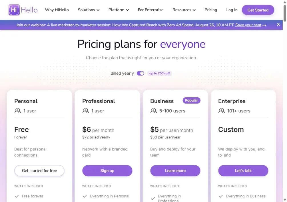 HiHello-Preisseite: Professional für 6 $ pro Monat bei jährlicher Abrechnung und Business für 60 $ pro Nutzer/Jahr