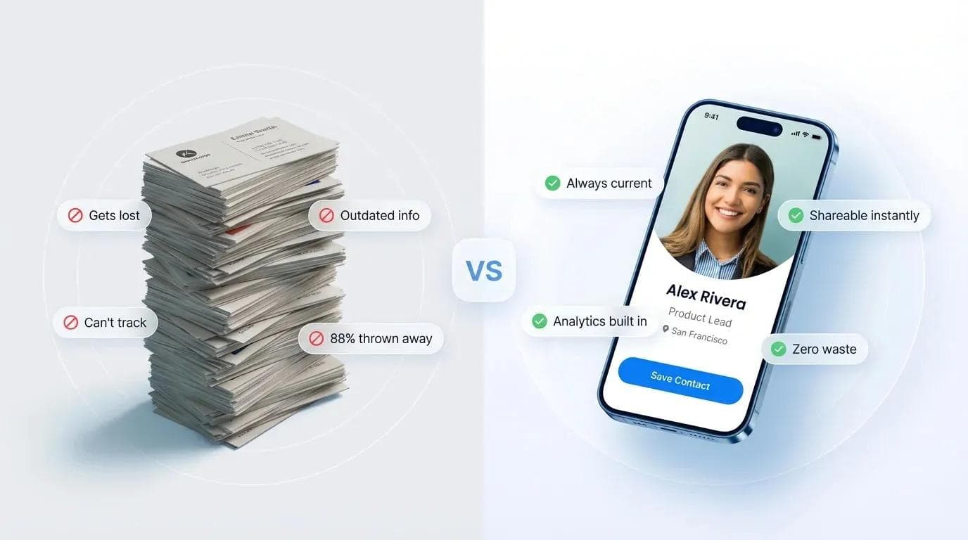 Comparatif côte à côte montrant une pile de cartes de visite papier face à une carte de visite numérique sur un smartphone