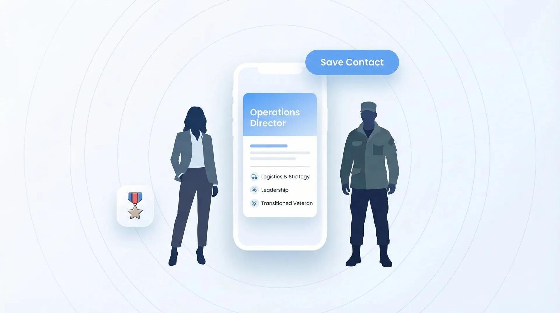 Military veteran transitioning to civilian career with digital business card at job fair