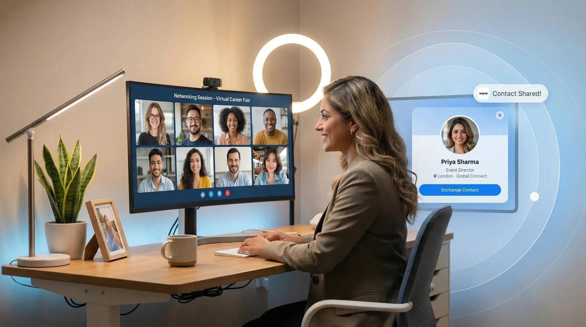 Membres d'une communauté de networking virtuel échangeant en ligne grâce à des cartes de visite numériques