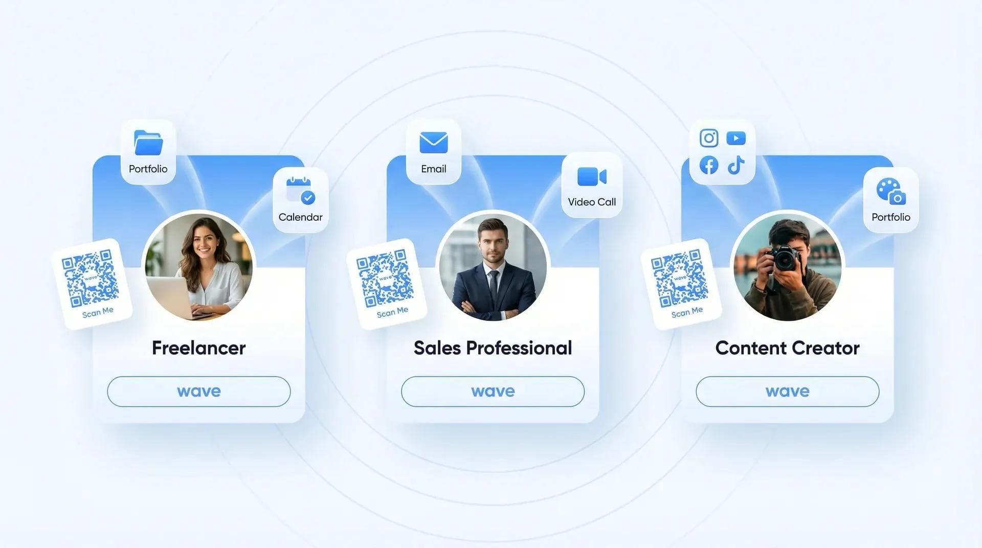 Tres perfiles profesionales con recomendaciones de uso de tarjetas de visita digitales: freelance, profesional de ventas y creador de contenido