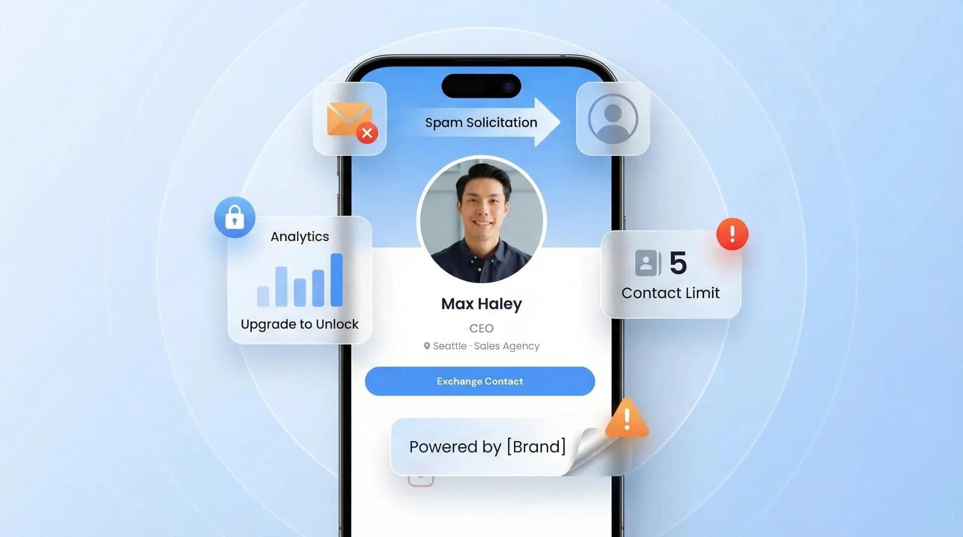 Condiciones ocultas en planes gratuitos de tarjetas de visita digitales que muestran marcas de agua, analíticas bloqueadas y avisos de publicidad a destinatarios