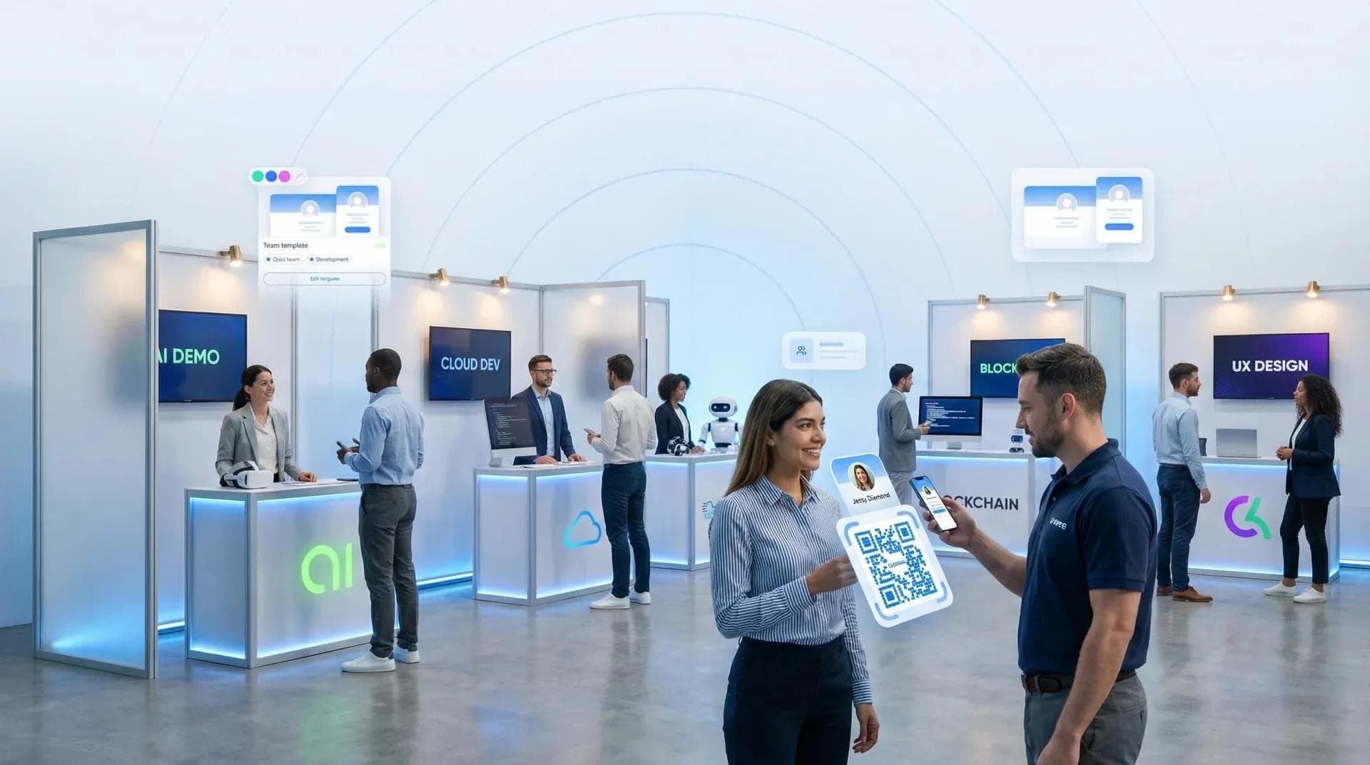 Technology and engineering career fair with digital business card exchange between professionals