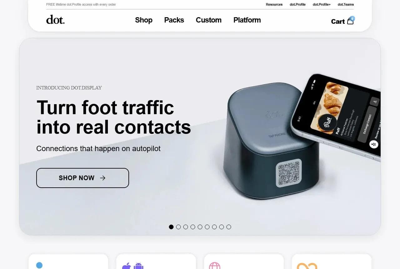 Dot-Startseite mit einmaligen NFC-Geräten und dauerhaft kostenlosem Profilzugriff