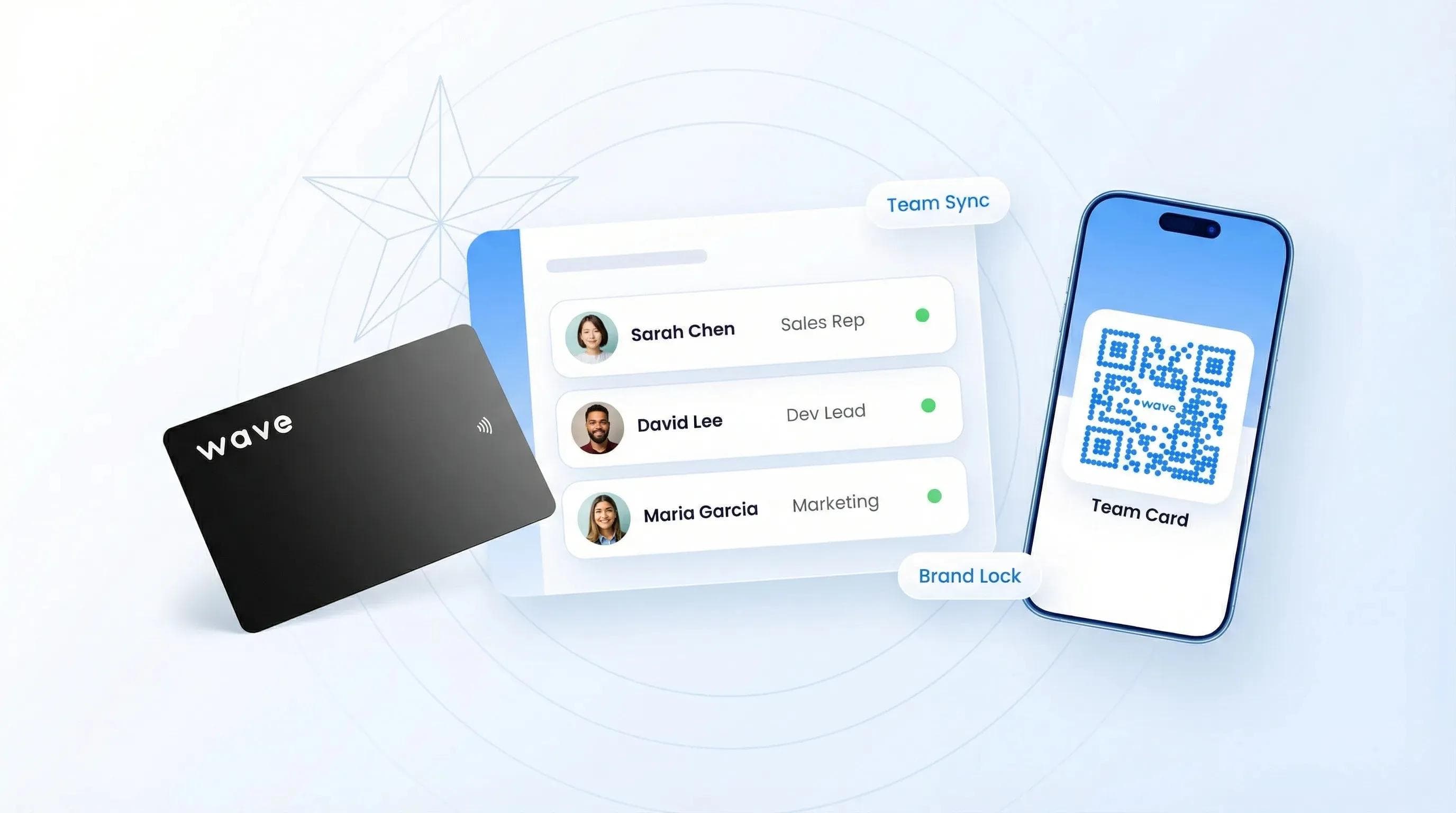 Team dashboard with NFC card and QR code for conference networking