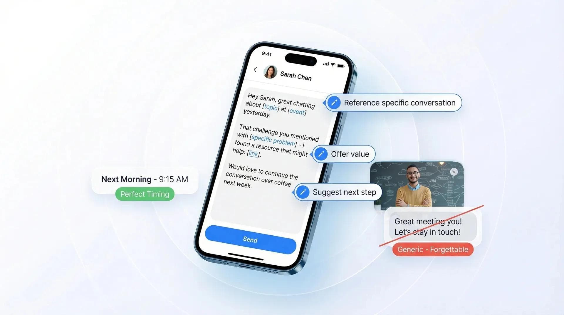 Profesional enviando un mensaje de seguimiento personalizado desde su teléfono a la mañana siguiente de un evento de networking