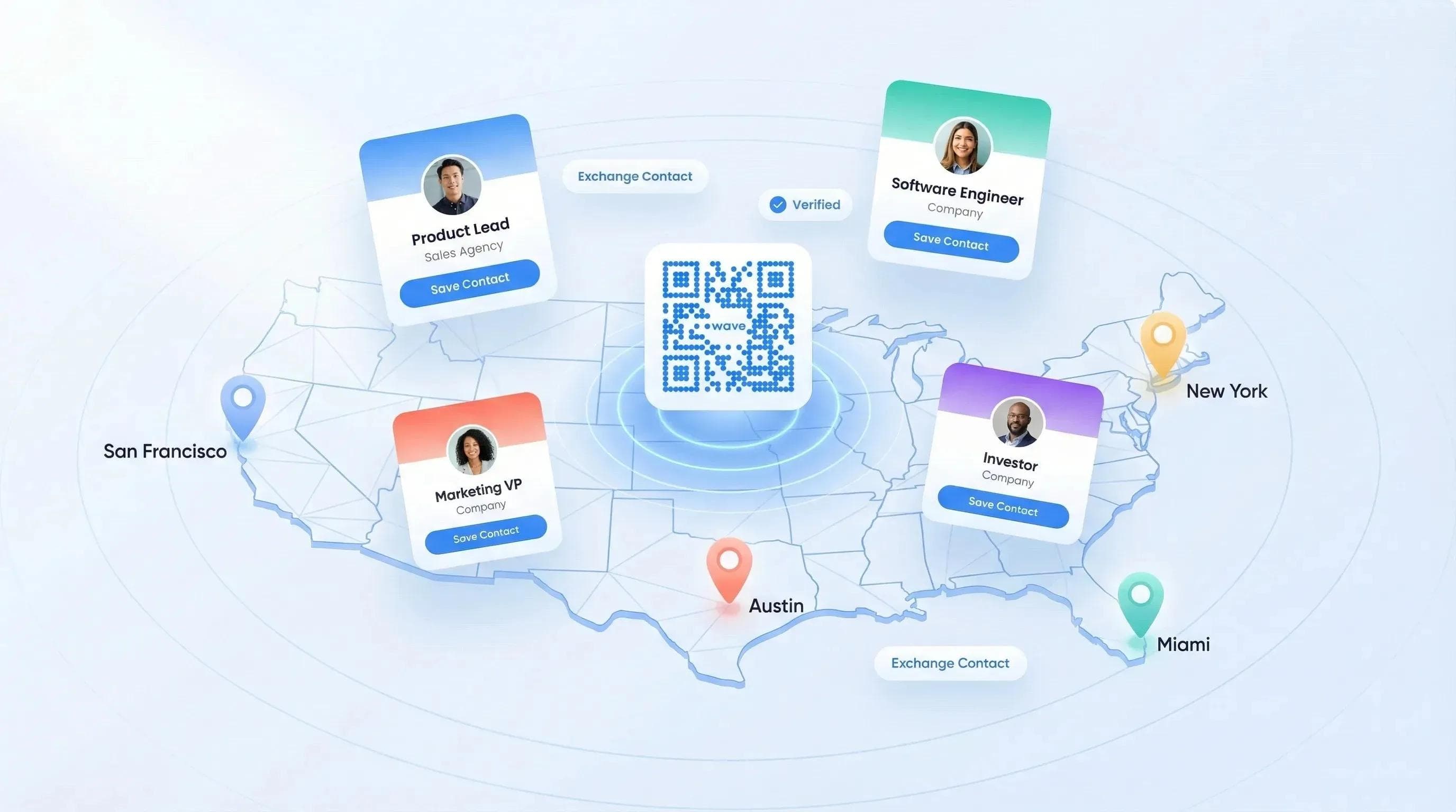 Technology conferences with digital business cards placed on a map with a QR code in the center.