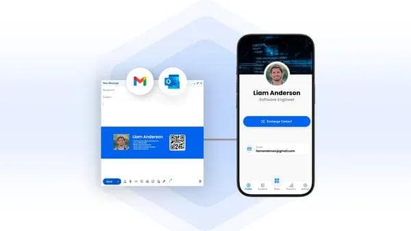 Carte de visite numérique de l'ingénieur logiciel Liam Anderson avec intégration d'e-mail et de QR code.