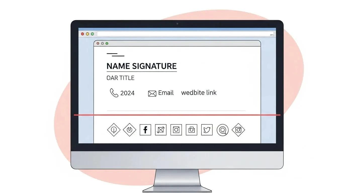 SaaS-E-Mail-Fenster mit professioneller Signatur, klaren Kontaktdaten, Website und Social-Media-Icons.