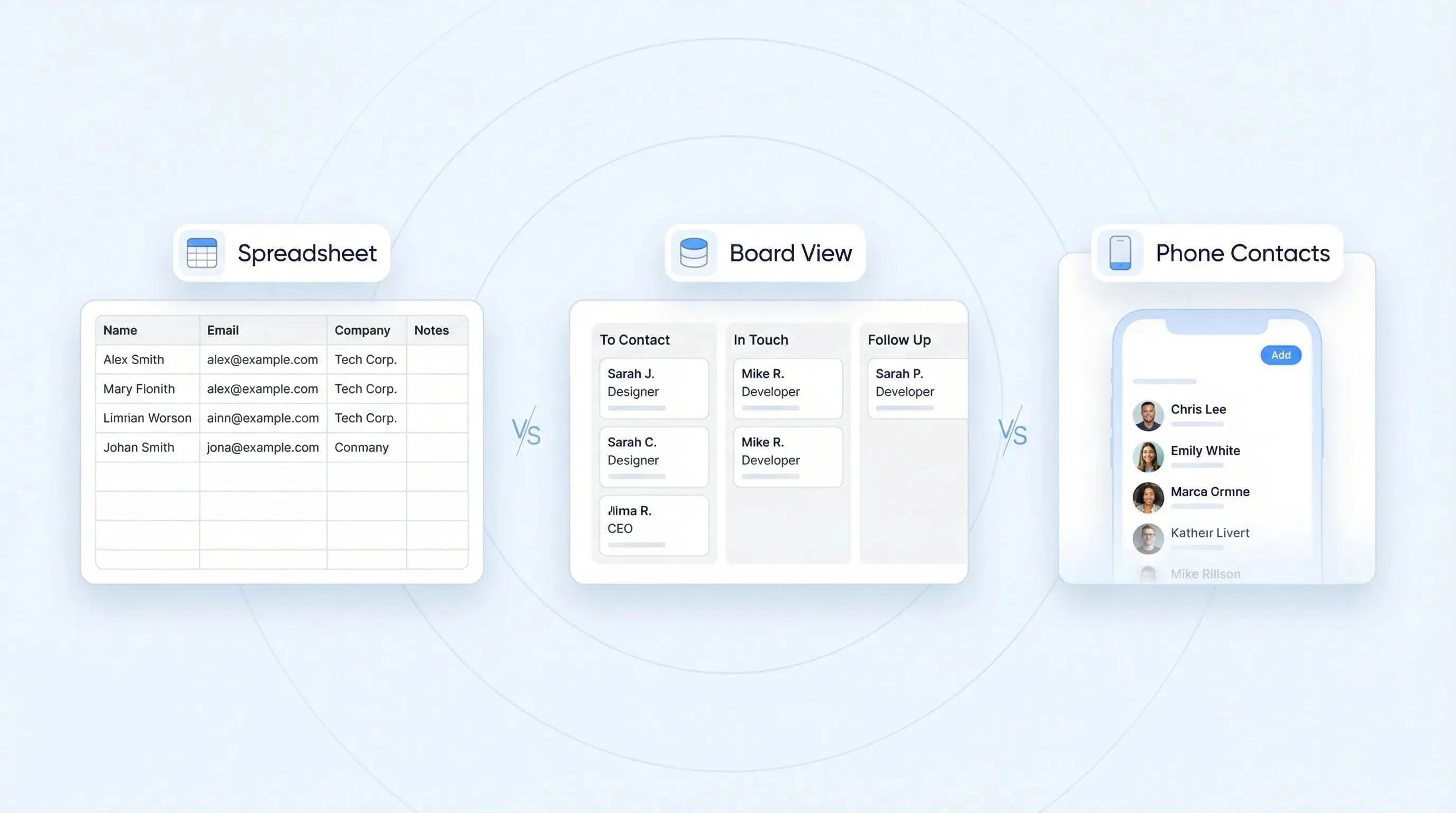 Três opções de CRM pessoal no estilo faça você mesmo com Notion, Airtable e Google Sheets, mostrando exemplos de organização de contatos