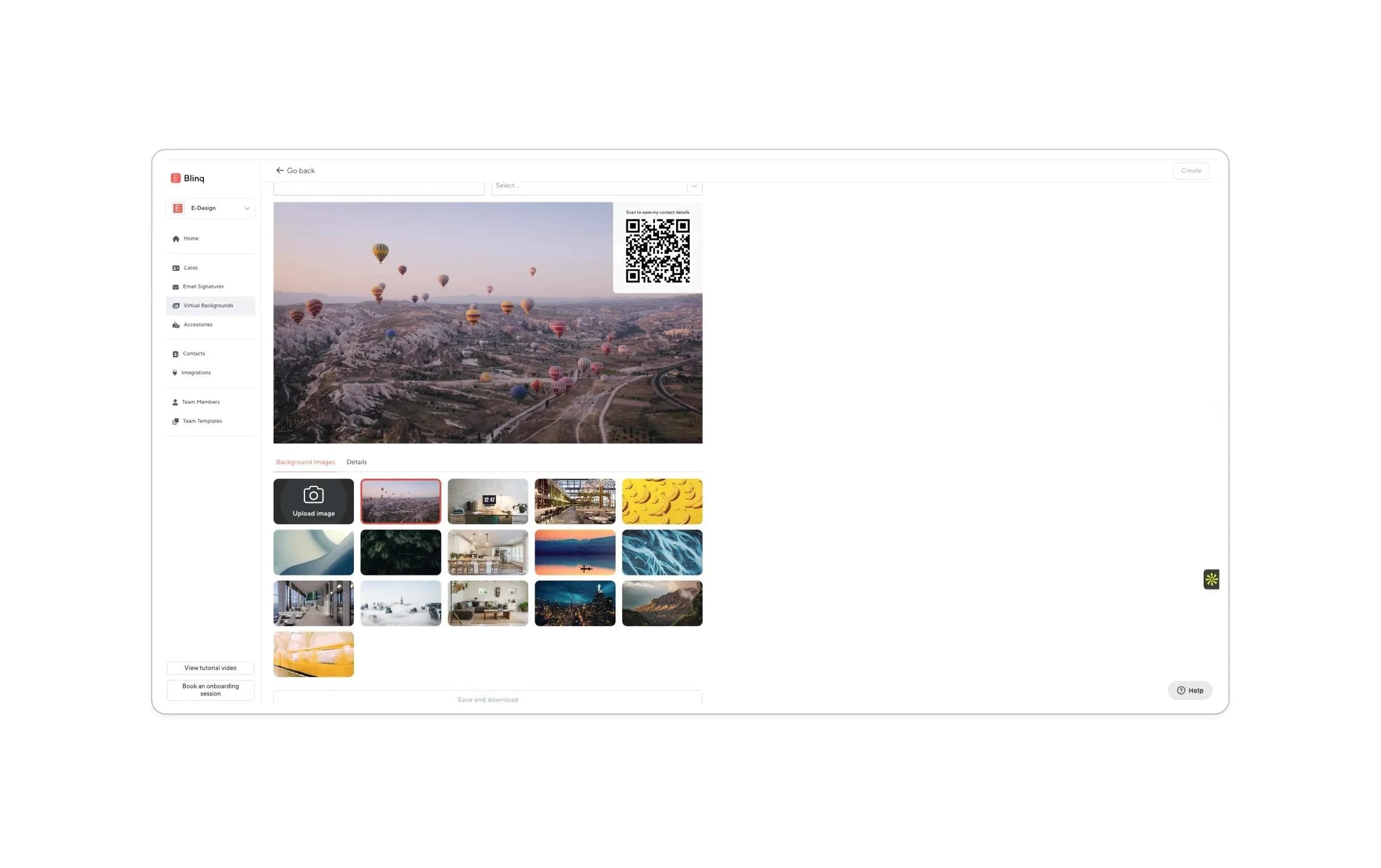 أداة إنشاء الخلفيات الافتراضية في Blinq مع رمز QR لمكالمات Zoom وTeams