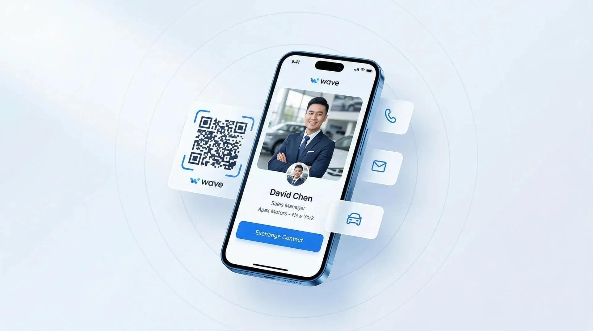 Digital business cards for car dealerships showing sales floor deployment and lead capture