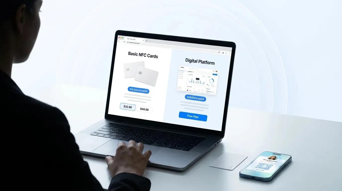 مختص يقارن خيارات بطاقات عمل NFC على كمبيوتر محمول يعرض Wave Connect وVistaprint جنبًا إلى جنب