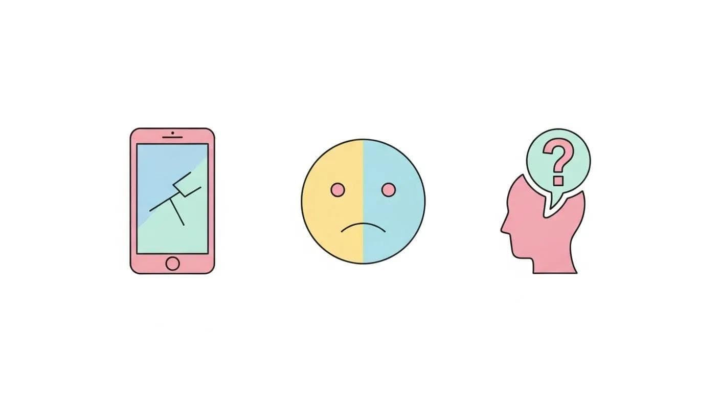 Icons für Nachteile digitaler Karten: Technikabhängigkeit (gesprungenes Smartphone), Unpersönlichkeit (trauriges Gesicht), Einarbeitungsaufwand (Person mit Fragezeichen).