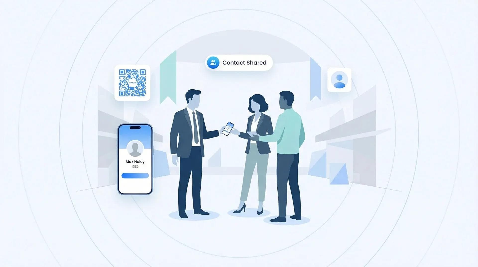 Professionals networking at a national real estate conference exchanging digital business cards