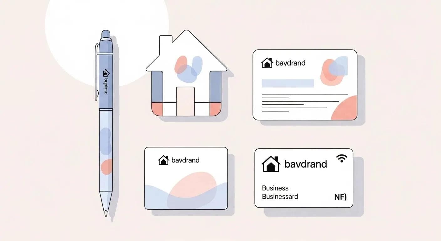 Moderne Immobilien-Marketingartikel: Gebrandeter Kugelschreiber, Haus-Magnet und elegante NFC-Visitenkarte.