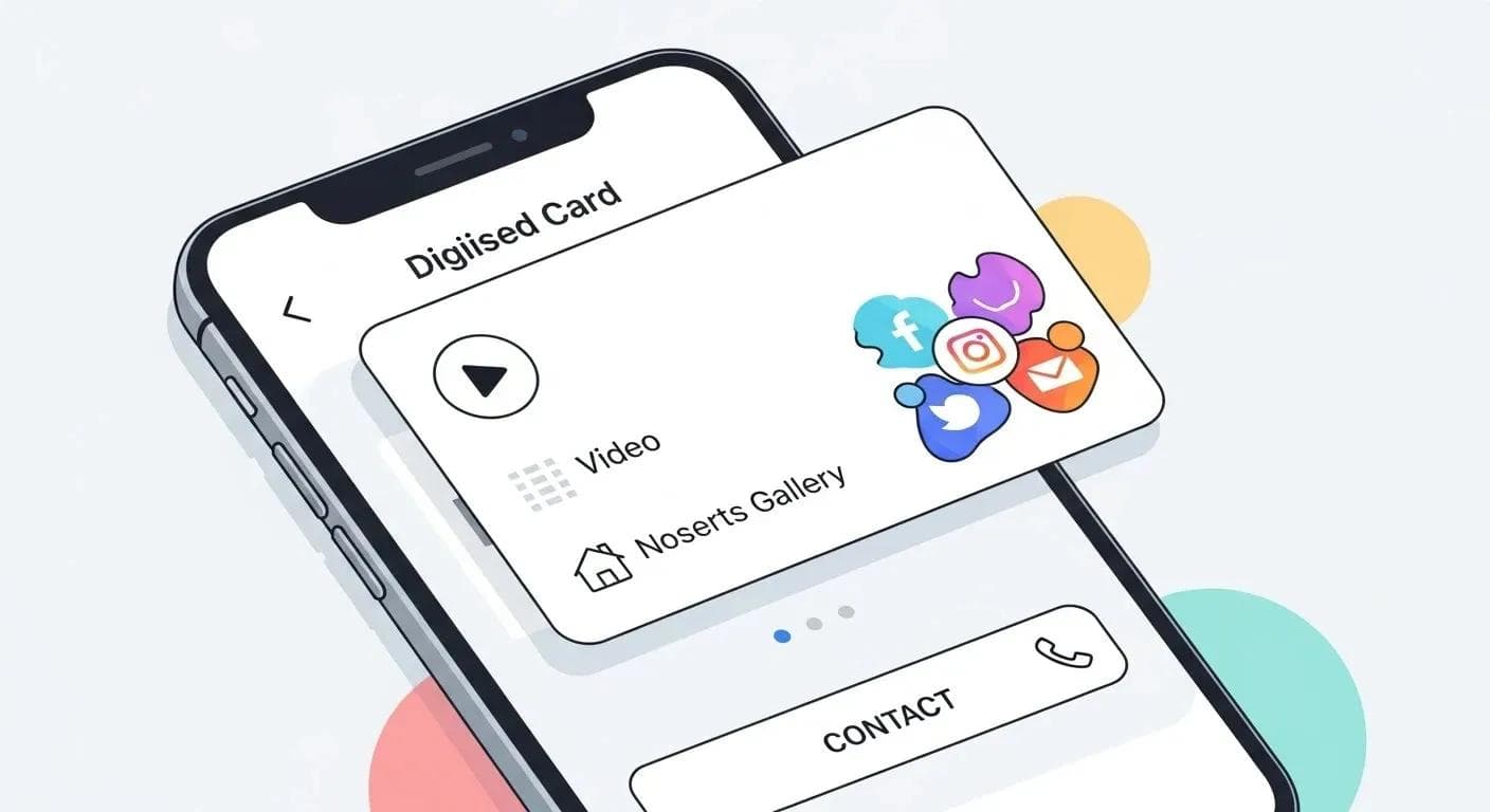 SaaS-Dashboard einer digitalen Visitenkarte auf einem Smartphone-Bildschirm mit Video, Galerie und Kontaktdaten.