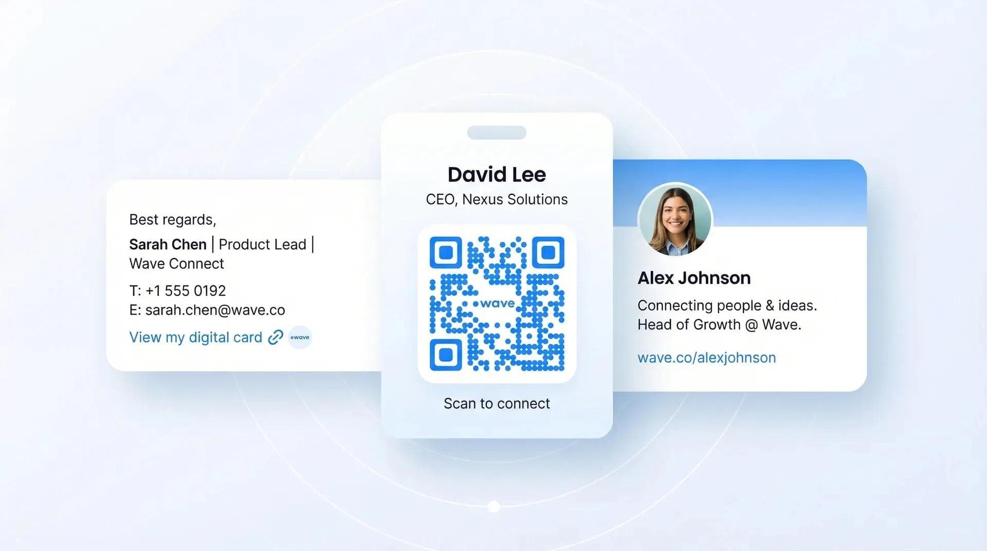 Tres métodos pasivos de networking con tarjetas de visita digitales: enlace en firma de correo electrónico, acreditación con código QR para eventos y enlace en biografía de redes sociales.