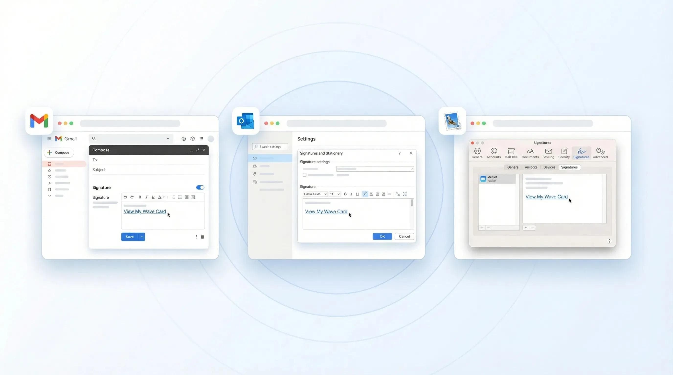 Tutoriel de configuration côte à côte montrant comment ajouter un lien de carte de visite numérique dans les paramètres de signature d'e-mail de Gmail et d'Outlook