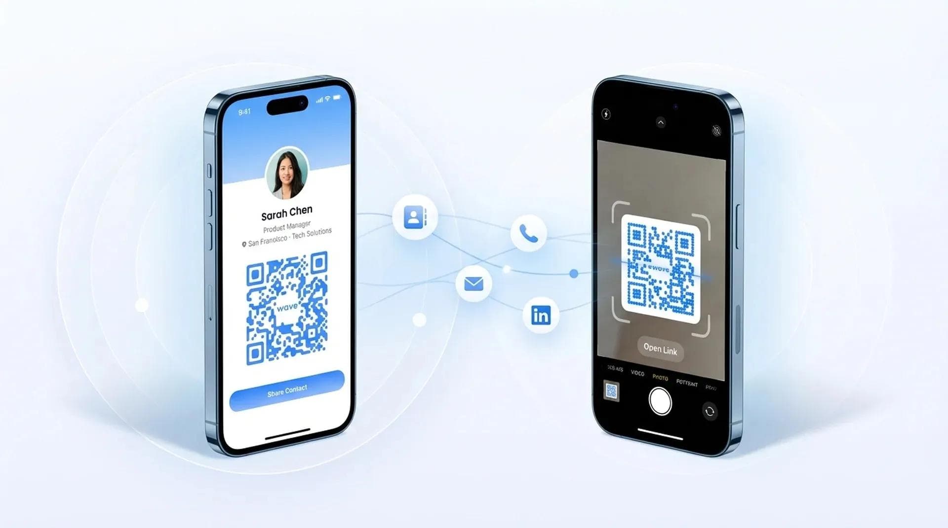 Partage d'une carte de visite numérique en scannant un QR code entre deux téléphones