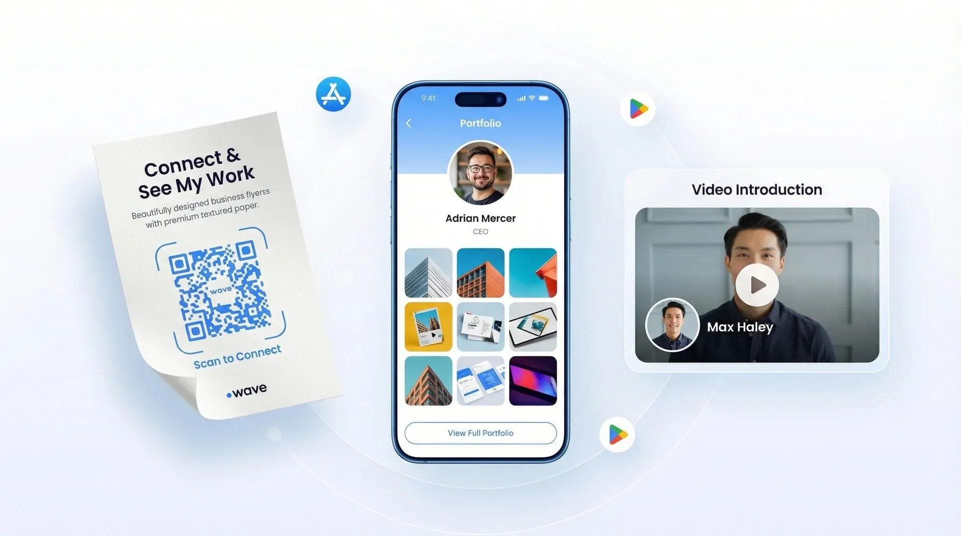 Funcionalidades destacadas de la tarjeta de visita digital: galería de portafolio en el móvil, folleto impreso con código QR y tarjeta con vídeo de presentación.