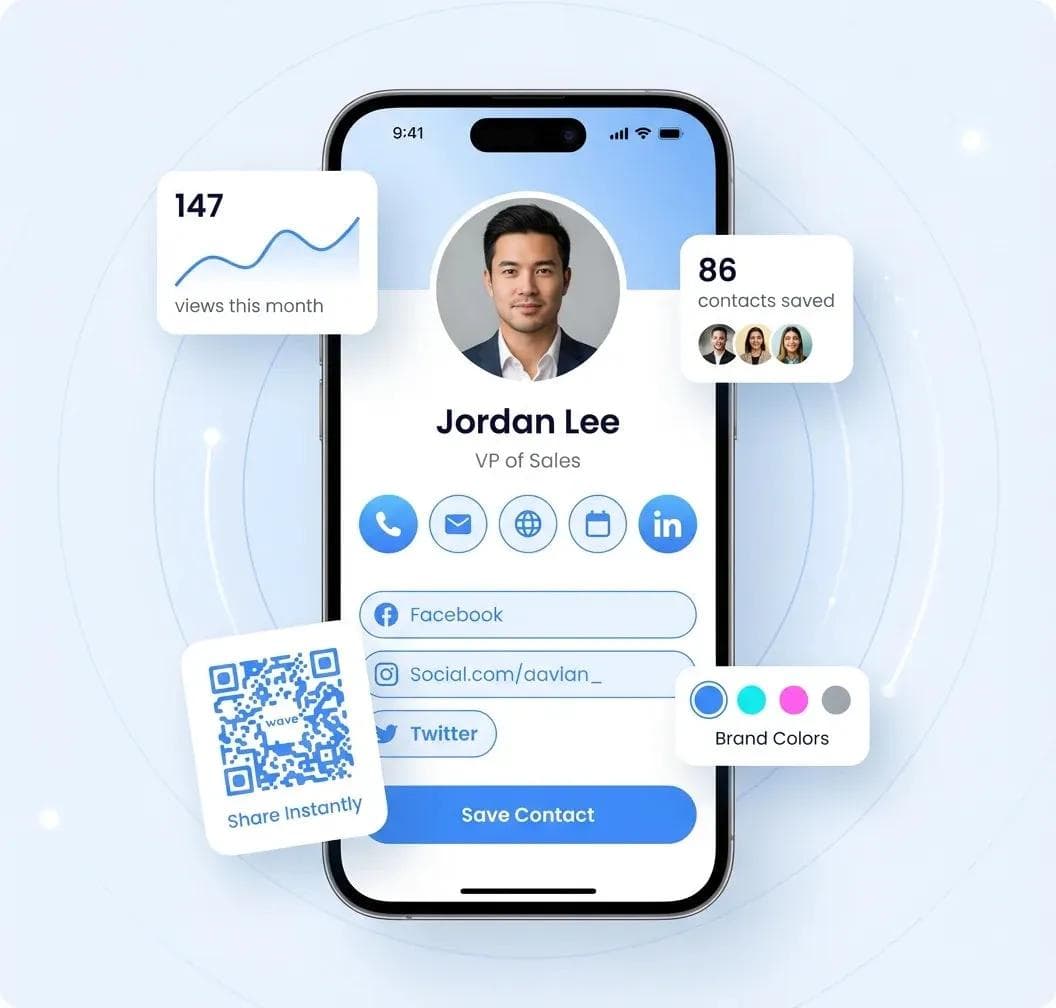 Profil de carte de visite numérique sur smartphone affichant des coordonnées complètes, des liens sociaux et un tableau de bord de statistiques