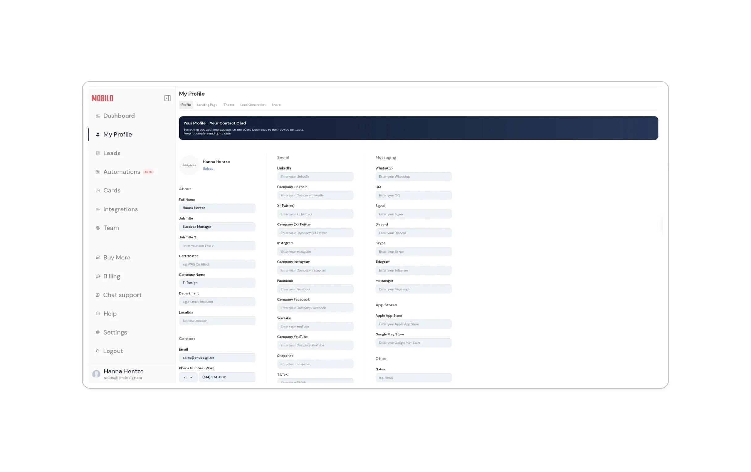Mobilo Nutzerprofil-Dashboard