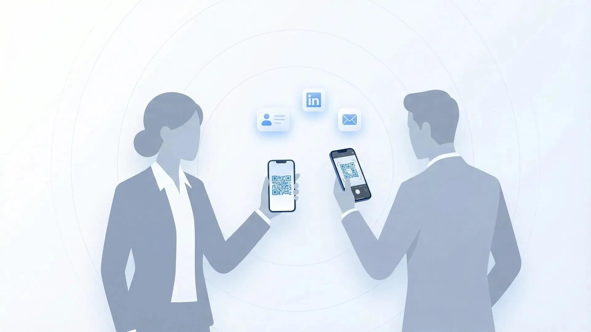 محترفان يتبادلان بيانات الاتصال عبر رمز QR بعد عرض تقديمي سريع في إحدى فعاليات التواصل المهني