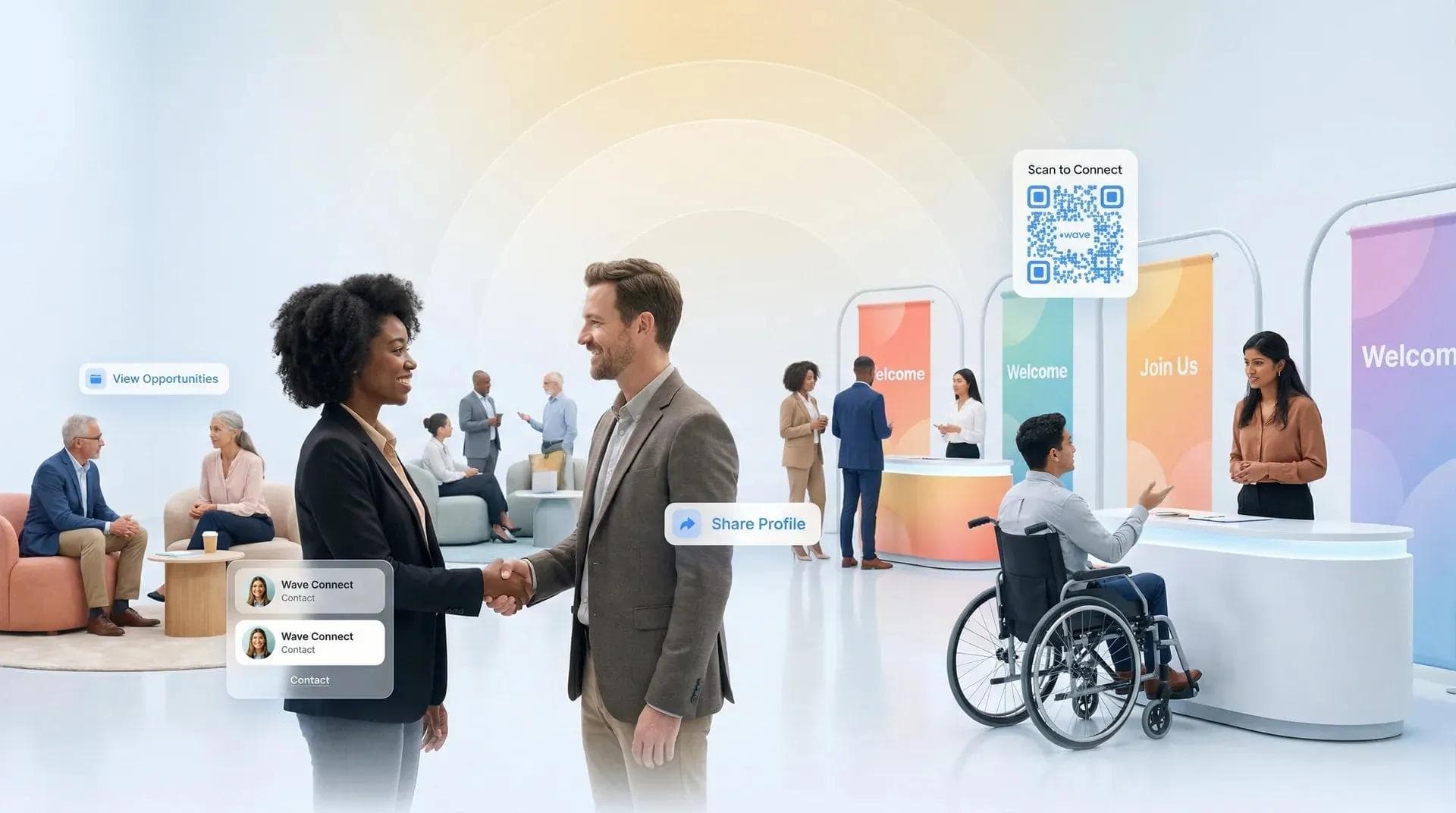 Diversity and inclusion career fair with professionals sharing digital contact cards