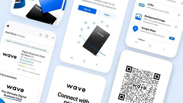Écrans de l'application Wave présentant les fonctionnalités des cartes de visite numériques et des QR codes.