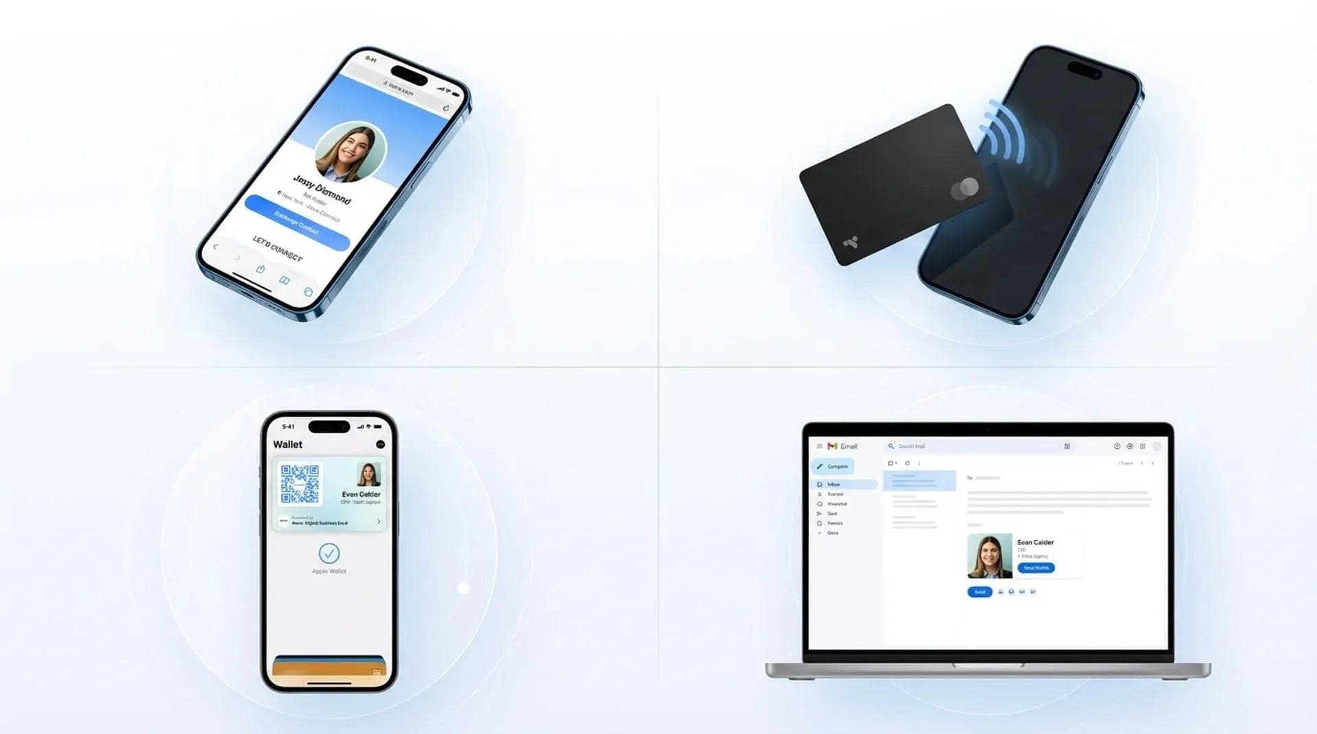 Quatre formats de cartes de visite numériques : navigateur web, NFC, Apple Wallet et signature d'e-mail