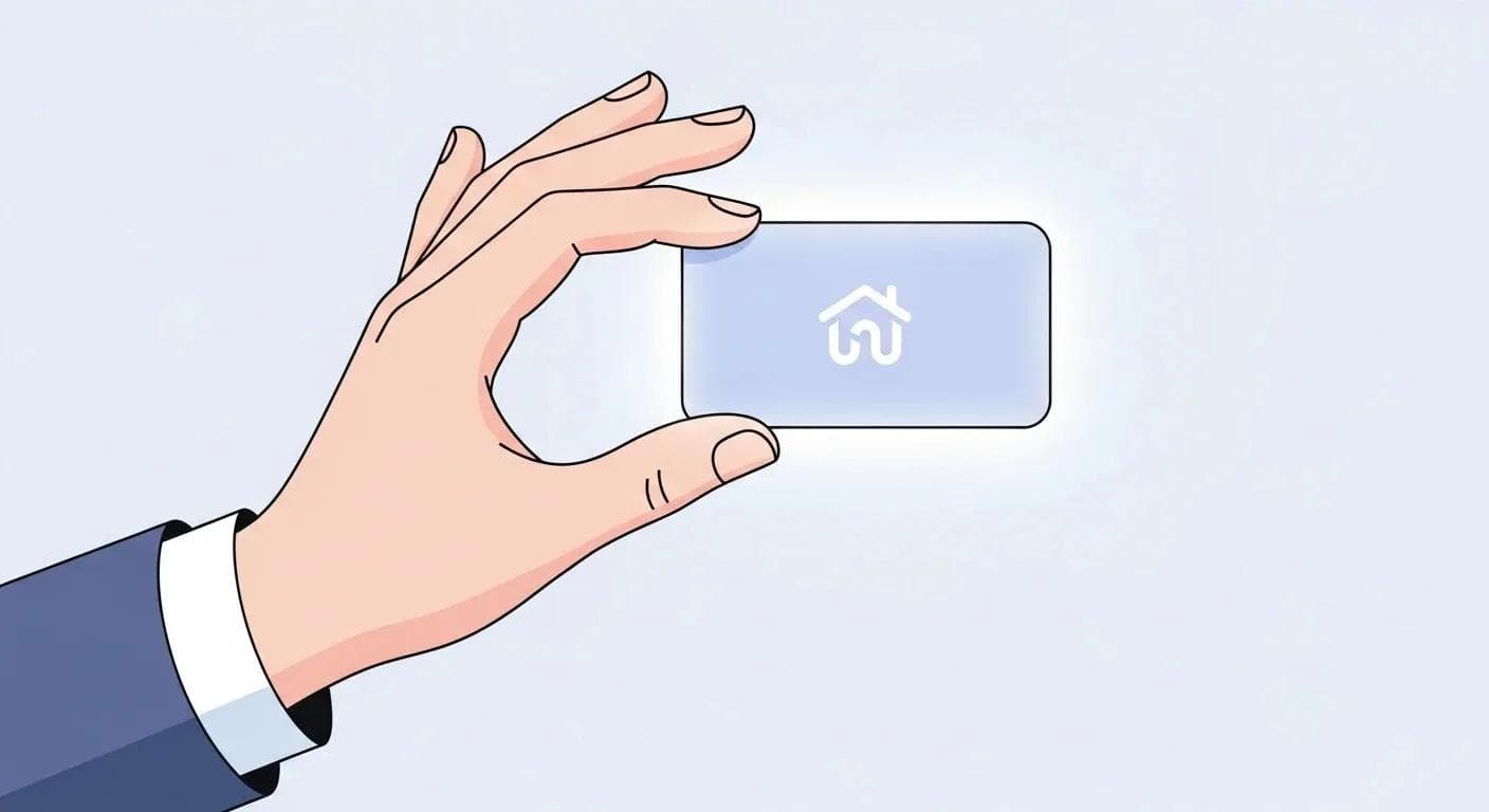 SaaS-Illustration: Hand hält leuchtende Visitenkarte mit Haus-Logo – Symbol für Vertrauen und einen professionellen ersten Eindruck.