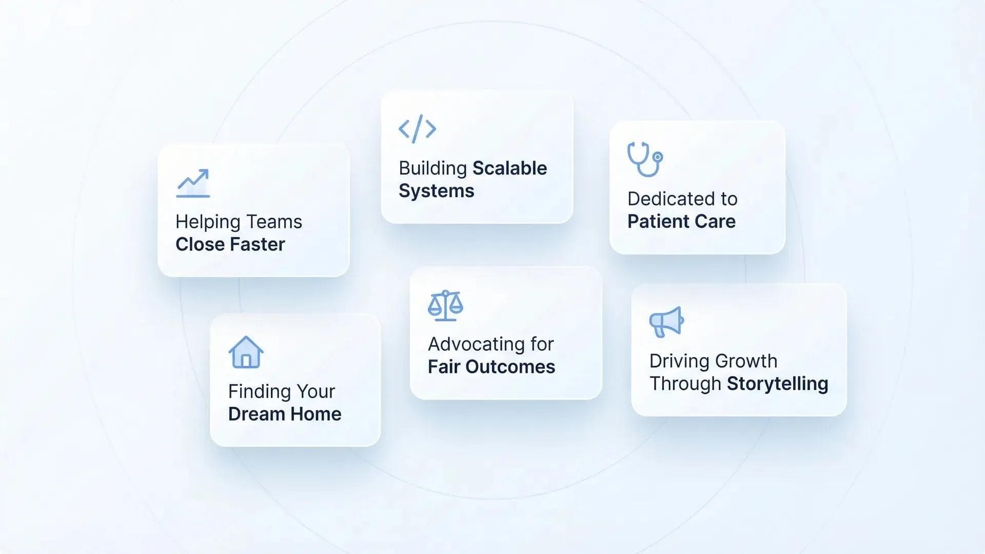 Sechs berufsspezifische LinkedIn-Profil-Slogan-Beispiele für Vertrieb, Tech, Gesundheitswesen, Immobilien, Recht und Marketing mit passenden Icons